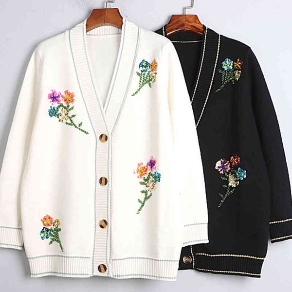 

knits white women fall winter handmade colorful sequined flower cardigan long sweater overcoat