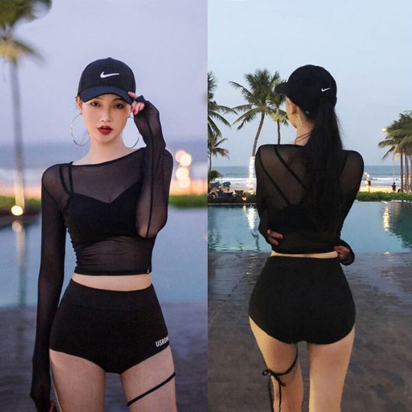 

swimsuit spring swimsuit women's conservative split three piece bikini korean version student cover belly high waist bikini long sleeve, White;black