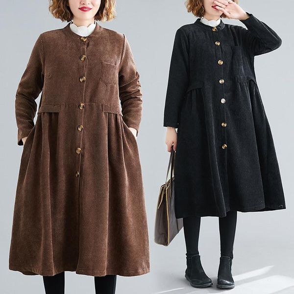 

women's trench coats 2021 clothing spring autumn long casual large size loose thin corduroy coat female outerwear n1125, Tan;black