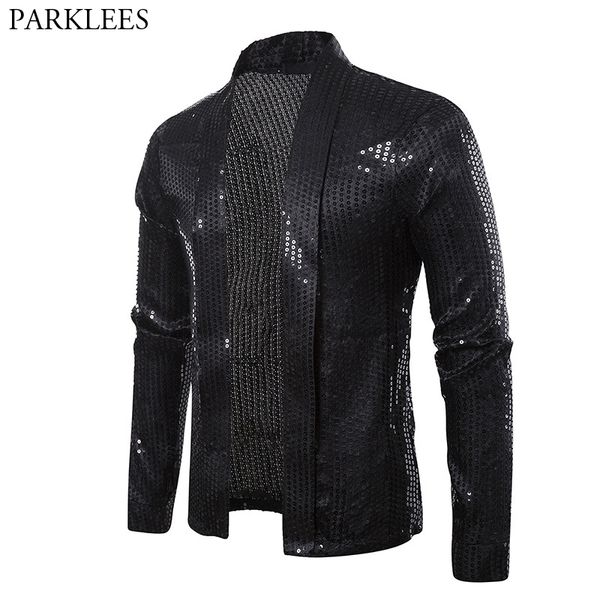 Schwarz Pailletten Street Cardigan Blazer Männer Disco Dancer Club Party Blazer Jacke Männlich Casual Hip Hop Swag Kleidung für Hipster Männer 210522