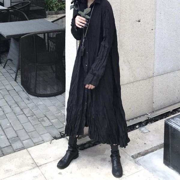 

casual dresses superaen design solid loose pleated shirt spring retro ankle-length women, Black;gray