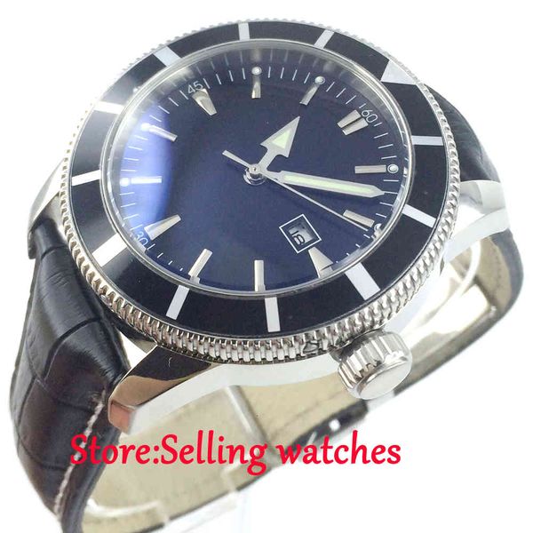 

46mm bliger black marker plate illuminating marks under automatic human wristwatch, Slivery;brown