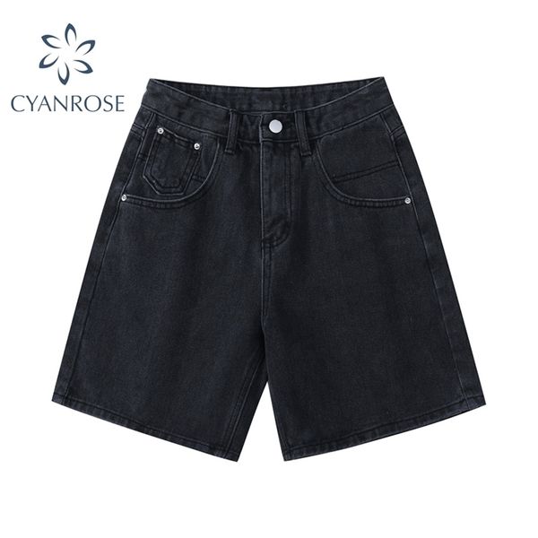 

summer high waist denim shorts women casual loose ladies fashion plus size button wide leg short jeans female 210924, Blue