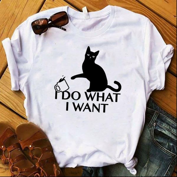 

fashion womens t shirt women cat i do whtat want cute printed graphic tee femme female ladies clothes, White