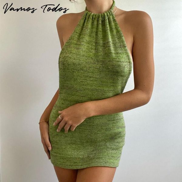 

casual dresses vamos todos 2021 summer backless woman dress neck-mounted elegant for women party bodycon vestido feminino, Black;gray
