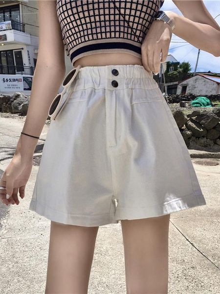

women's shorts white women summer elasticity waist simple korean loose thin casual button streetwear wide leg short pants female, White;black