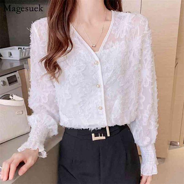 Fashion Sexy V-Neck Plus Size Branco Blusa Mulheres Cardigan Manga Longa Camisa Casual Escritório Senhora Lace Top 11302 210512