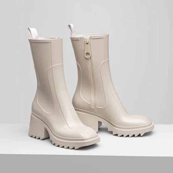 

fashion lady rain boots chunky heels round toe solid color designer rainboots women winter autumn shoes with box, Black