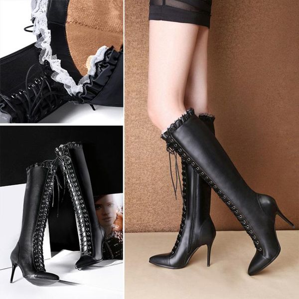 

boots 2021 winter lace heel pointed, Black