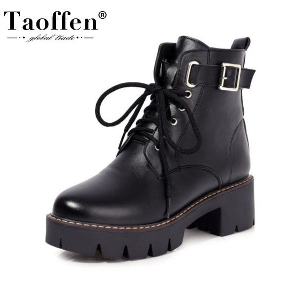 

boots taoffen size 34-43 women ankle platform thick heel round toe metal buckle shoes winter warm office footwear, Black