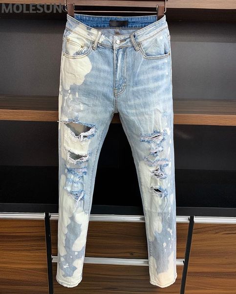 

men's jeans 2021 italy brand grey mens pants men slim stretch denim trousers zipper blue hole pencil for