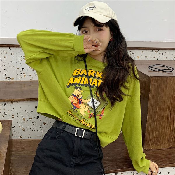 

2021 new women's long sleeve t-shirt, loose, retro, harajuku, ulzzang, kawaii, printed cartoon, leisure series 864j, White