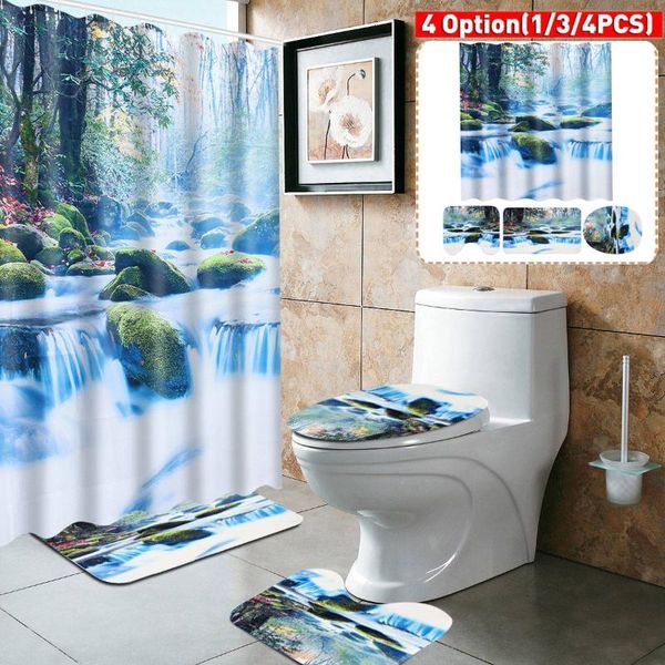 

waterfall landscape bathroom non-slip mat set durable waterproof shower curtain pedestal rug lid toilet cover bath rugs curtains
