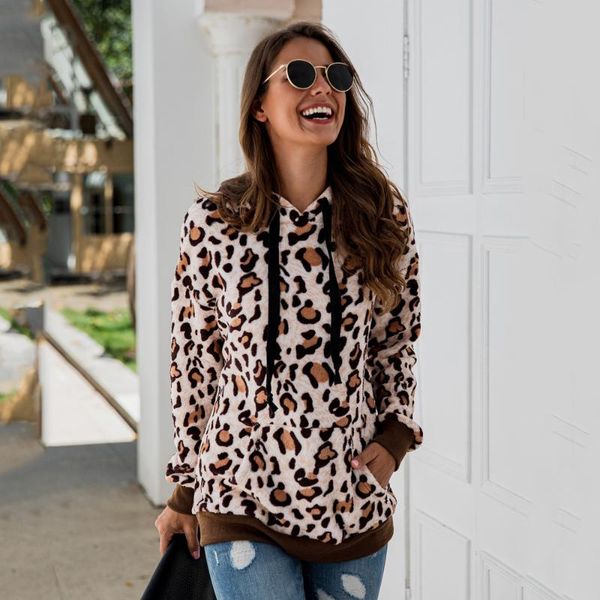 

women's hoodies & sweatshirts winter streetwear leopard warm thick women autumn sweatshirt casual hooded patchwork pockets slim pullove, Black