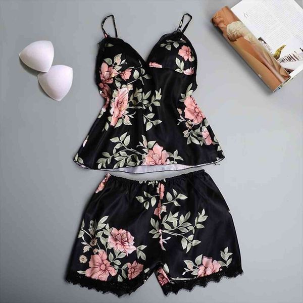 

night suit summer silk women sleepwear lace shorts sets home wear robes bathrobe negligee dressing gown with chest pad, Black;red