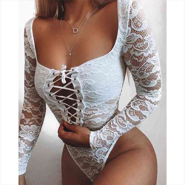 

white hollow out lace womens jumpsuit bodysuit spring autumn clothes long sleeve see through criss cross female, Black;white