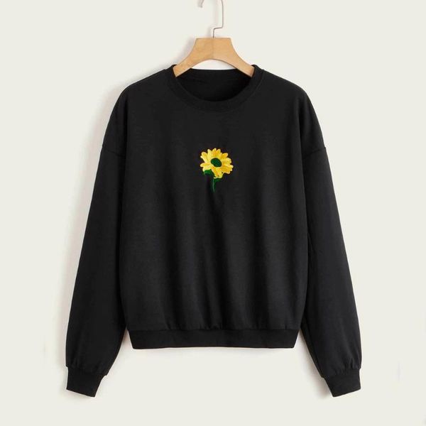 

women's hoodies & sweatshirts women sweatshirt fashion sunflower embroider o-neck long sleeve female casual loose pullover sudadera, Black