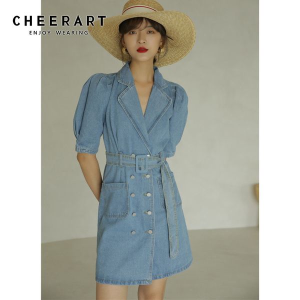 

puff sleeve backless korean denim dress women summer double-breasted open back ladies jean blazer blue 210427, Black;gray