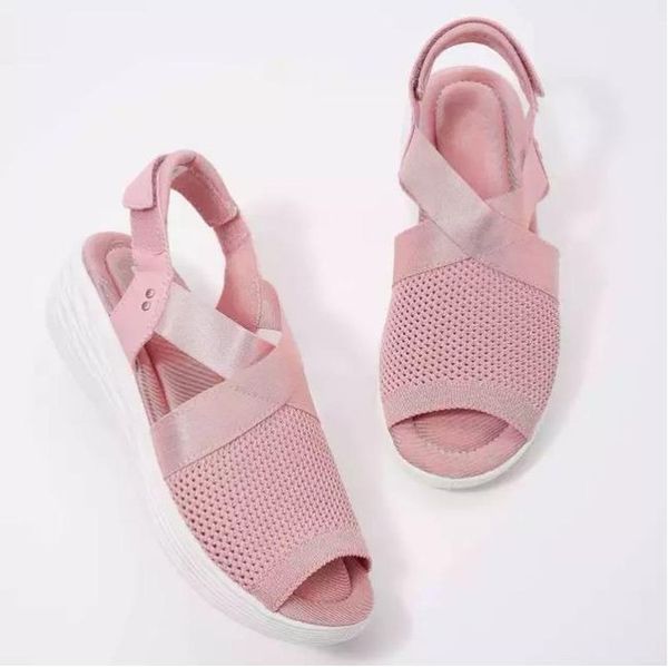 

sandals 2021 summer fashion casual ladies pure color knitted mesh adjustable slope heel comfortable sandalias mujer, Black