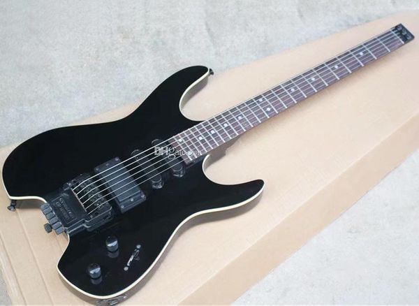 Черное тело безголовочные 24 лада Электрическая гитара с Floyd Rtose, палисандр, пикапы SSH, могут быть настроены
