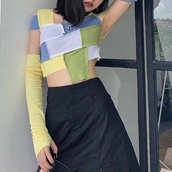 

women square collar strapless splicing slim navel long sleeve t-shirt women's, White
