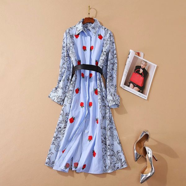 

casual dresses european and american women's clothing autumn style long sleeve lapel the belt fashionable floral embroidered dress nvaa, Black;gray