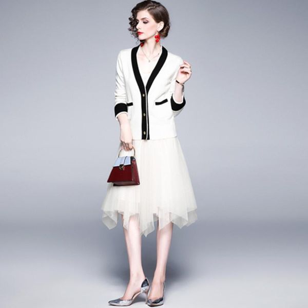 

two piece dress europe america 2021 autumn pattern women small fragrant wind knitting cardigan coat+mesh braces set, White