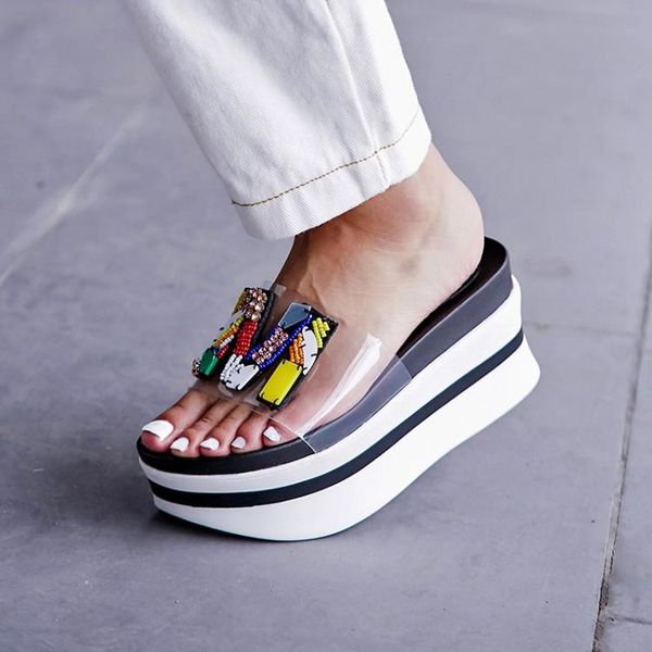 

vogue design pvc transparent slides women thick platform wedge high heels summer slippers lady party date shoes outside, Black