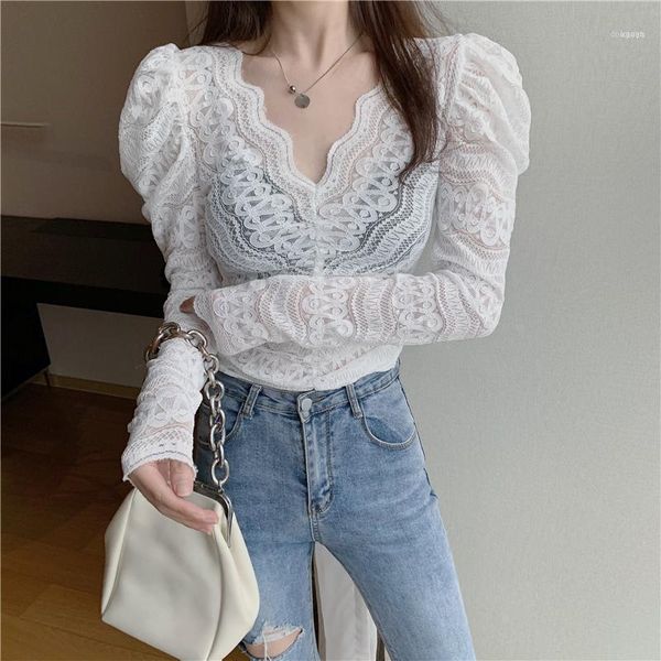 

autumn lace long sleeves women blouse puff sleeve elegant slim blouse1, White