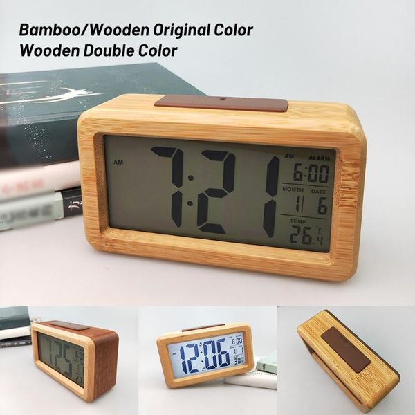 

wooden digital alarm clock,sensor night light with snooze date temperature clock led watch table wall clocks