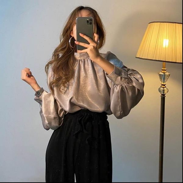 

long lantern sleeve satin women shirts summer korean fashion clothing white black elegant chemise