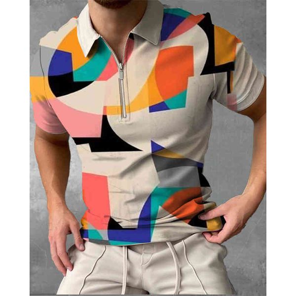 

men's zip polo shirt, large casual t-shirt, 3d abstract printing, short sve novelty in summer 2021, White;black