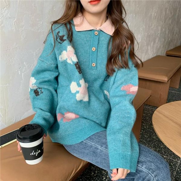 

women's sweaters plus size long sleeve female korean flower pattern buttons knitted pullover pink sweater women winter clothing 2021, White;black