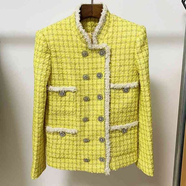 

women's jackets european and american autumn winter high-quality tweed jacket with st-up collar raw trim metal buckle aa0p, Black;brown