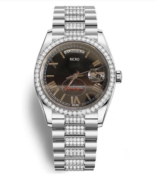 

master watch luxury silver case diamond-encrusted strap sapphire glass folding buckle mechanical automatic movement roman numerals black dia, Slivery;brown