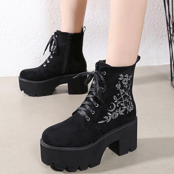 

boots shoes on platform chunky punk suede leather womens gothic lace up black zipper fashion flower