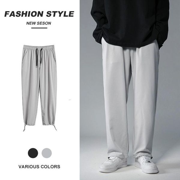 

men's pants summer thin casual fashion black gray drawstring wide-leg men loose breathable ice silk mens trousers