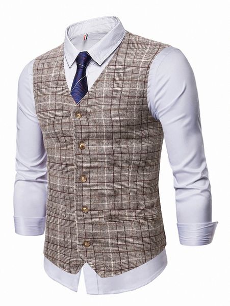 

men 1pc plaid print wool-mix waistcoat q85r#, Black;brown