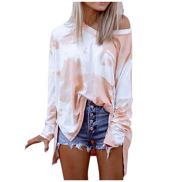 

women casual t-shirts summer tie-dye long sleeve v-neck t-shirt tee plus size tshirt clothes ladies 20jun24 women's blouses & shirts, White