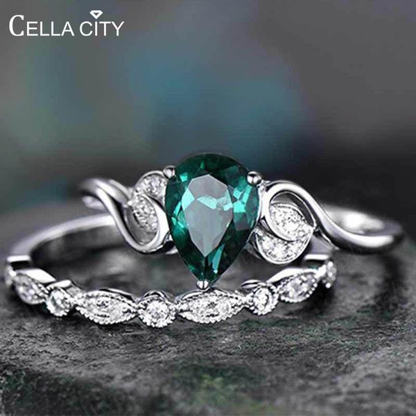 

cluster rings cellacity 925 silver ring for women double set 2pcs/lot with 6*8mm water drop emerald gemstones engagement fine jewerly, Golden;silver