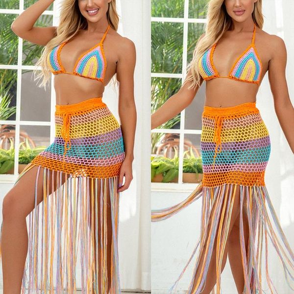 

women 2 piece swimsuit cover ups hollow out crochet mesh halter bikini and tassels long skirt rainbow colorful w89f pool & accessor