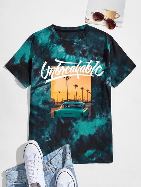 

men tie dye & letter graphic crew neck tee 85sw#, White;black