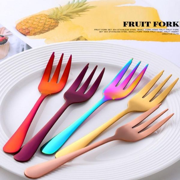 

8pcs/set cake fork stainless steel dessert color tea rainbow small fruit tableware party supplies forks
