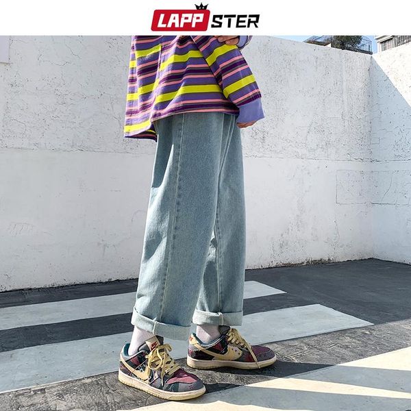 

men's jeans lappster men vintage japanese streetwear baggy joggers 2021 mens harajuku korean fashion denim trousers male causal, Blue
