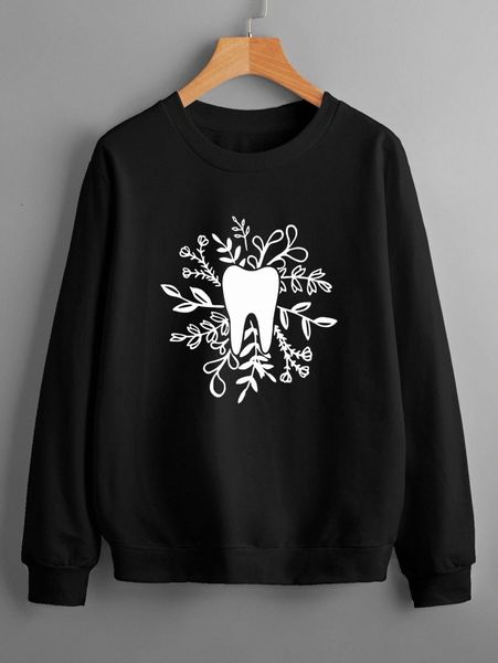 

plant & tooth print drop shoulder sweatshirt v2js#, White;black