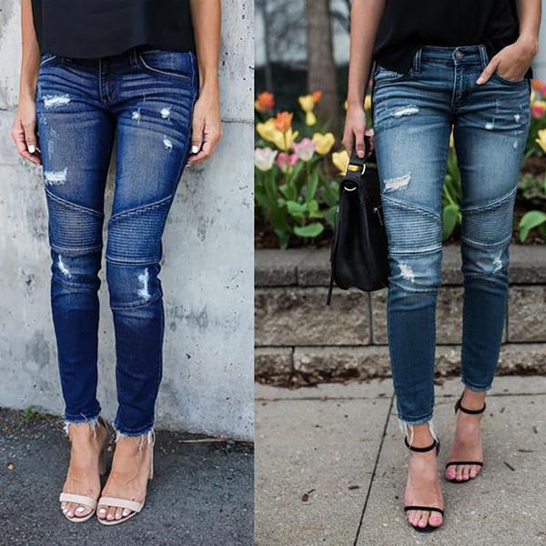 

european and american slim-fit pleated ripped stretch pencil leggings women's jeans, Blue