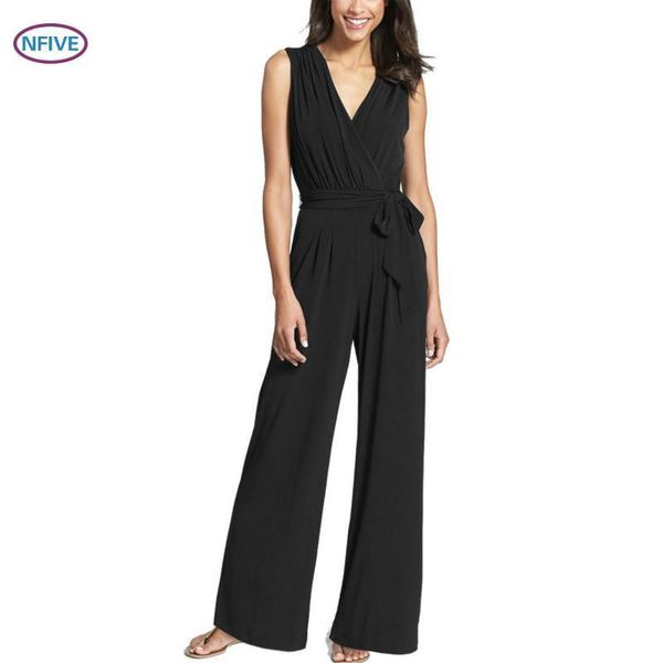

women's jumpsuits & rompers nfive brand 2021 women thin european american spring sleeveless v collar loose belt zipper wide leg jumpsui, Black;white