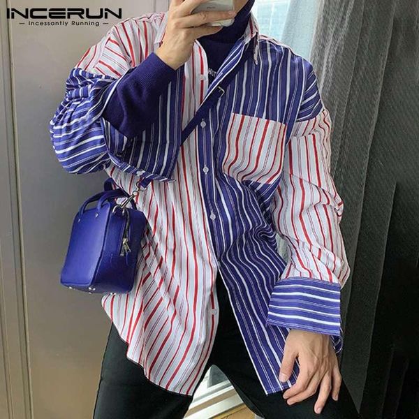 

men shirt striped patchwork lapel long sleeve button pockets korean casual streetwear fashion camisa masculina incerun 7 men's shirts, White;black