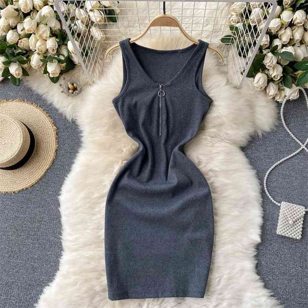 

women's summer sleeveless mini bodycon dress zipper up v-neck knitted party casual female solid slim tank vestidos 210603, Black;gray