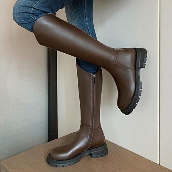 

boots women shoes knee high platform thick med heel riding round toe zipper ladies autumn brown black i0005